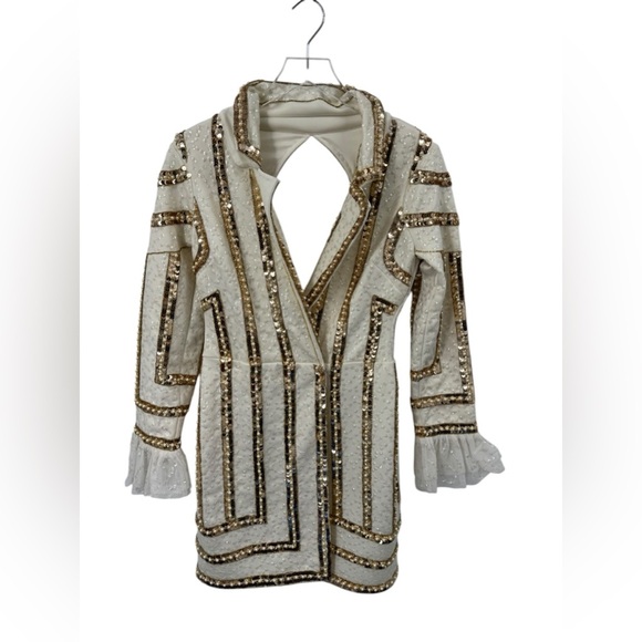 ASOS LUXE Stripe Embellished Tux Mini Dress White Gold US 8 B2722 - Picture 1 of 6